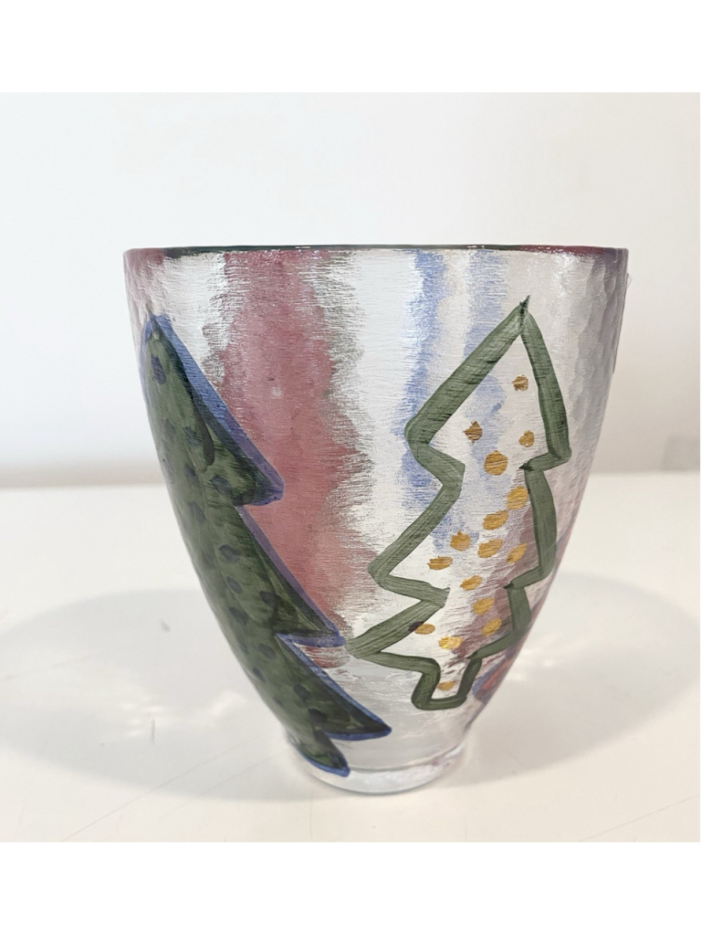 Vintage Pier 1 Hand Painted Italian Art Glass Christmas Tree Vase Tumbler Italy